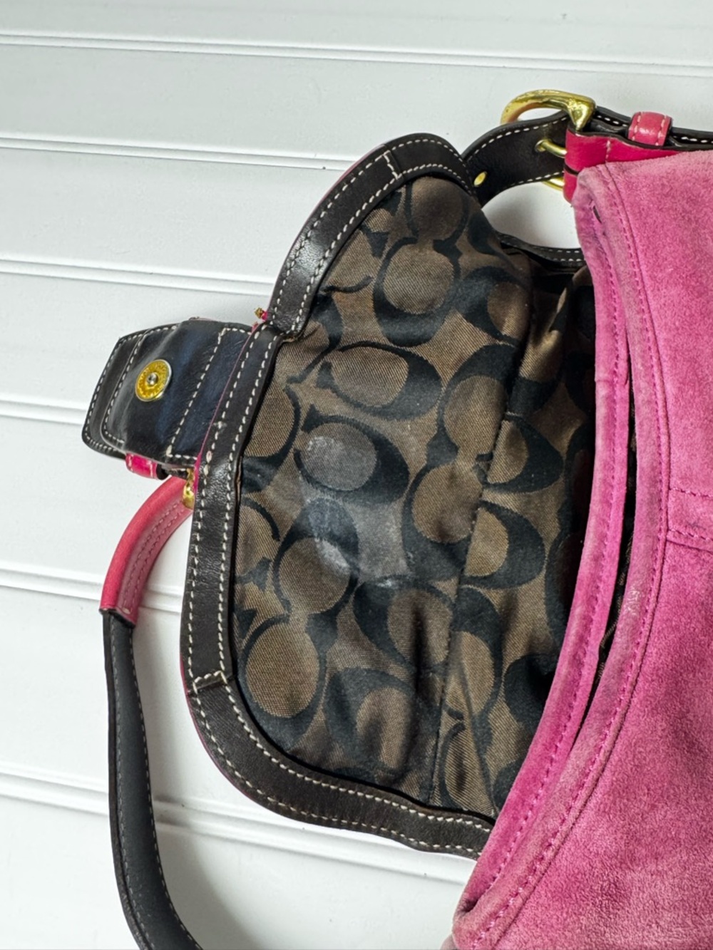 Coach Pink Suede Saddle Shoulder Bag with Gold Buckle and Pink Leather Strap - Picture 6 of 11